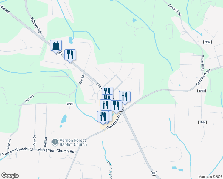 map of restaurants, bars, coffee shops, grocery stores, and more near 4760 Merriweather Road in Winston-Salem