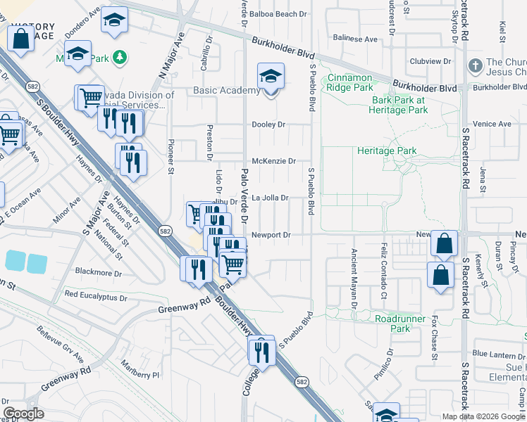 map of restaurants, bars, coffee shops, grocery stores, and more near 132 Saint Albans Drive in Henderson