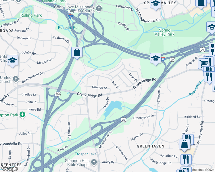 map of restaurants, bars, coffee shops, grocery stores, and more near 1604 Orlando Street in Greensboro