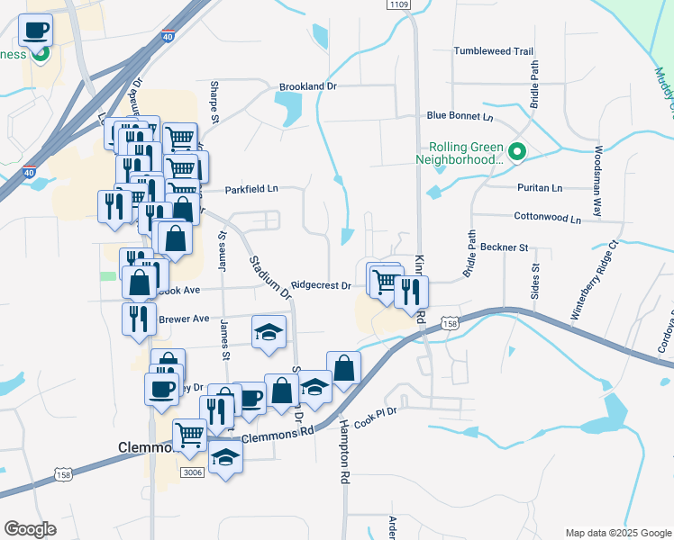 map of restaurants, bars, coffee shops, grocery stores, and more near 4425 Greenfield Way Drive in Winston-Salem