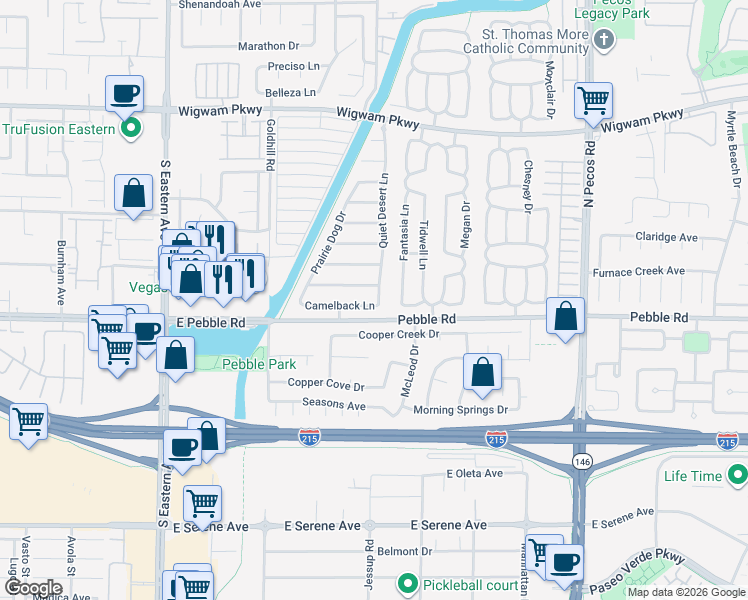 map of restaurants, bars, coffee shops, grocery stores, and more near 2802 Camelback Lane in Henderson