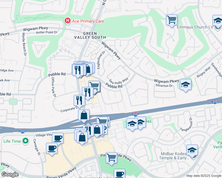 map of restaurants, bars, coffee shops, grocery stores, and more near 2114 Club Meadows Drive in Henderson