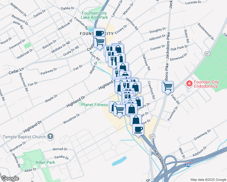 map of restaurants, bars, coffee shops, grocery stores, and more near 2711 Woodrow Drive in Knoxville
