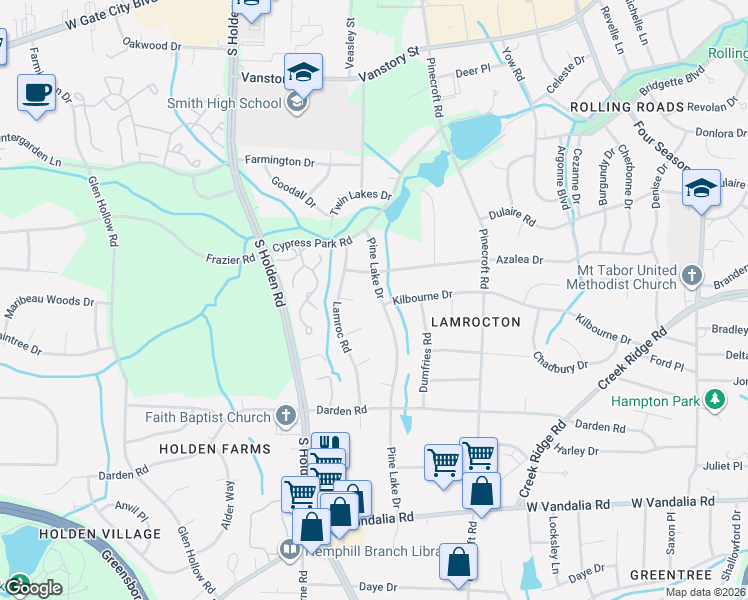 map of restaurants, bars, coffee shops, grocery stores, and more near 2507 Pine Lake Drive in Greensboro