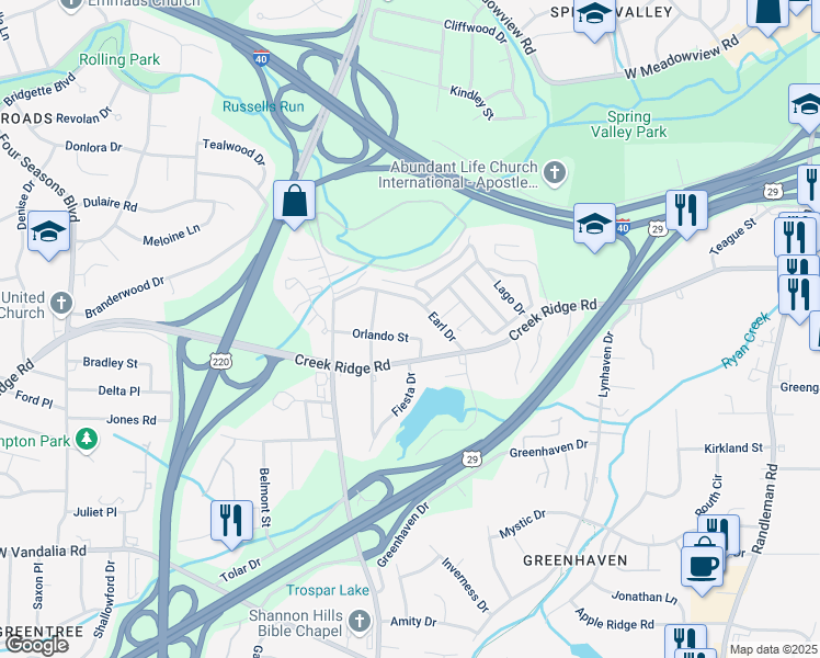 map of restaurants, bars, coffee shops, grocery stores, and more near 1604 Orlando Street in Greensboro