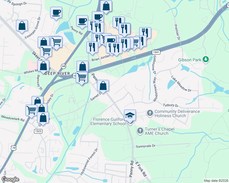 map of restaurants, bars, coffee shops, grocery stores, and more near 3705 Queenswood Lane in Jamestown