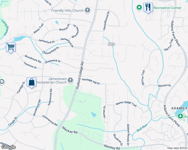 map of restaurants, bars, coffee shops, grocery stores, and more near 1721 Guilford College Road in Jamestown