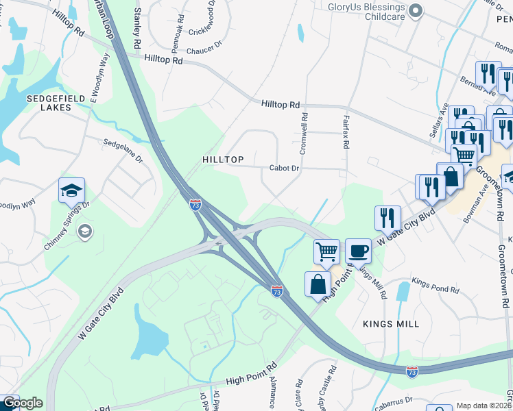 map of restaurants, bars, coffee shops, grocery stores, and more near 2902 Cromwell Road in Greensboro