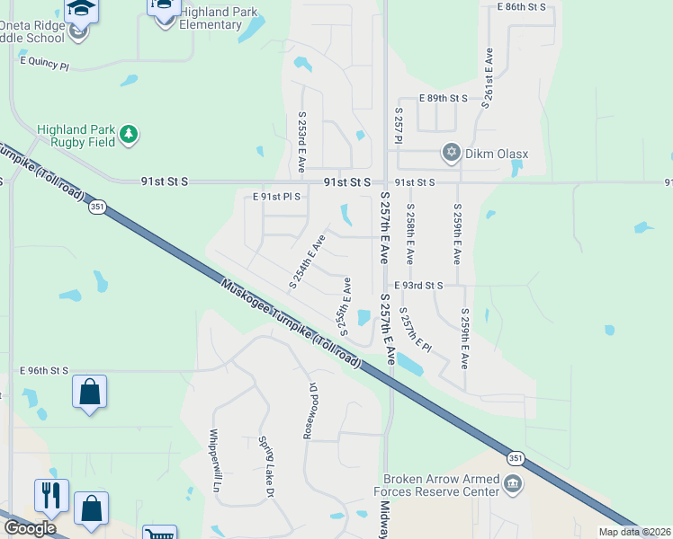 map of restaurants, bars, coffee shops, grocery stores, and more near 25471 East 92nd Terrace South in Broken Arrow