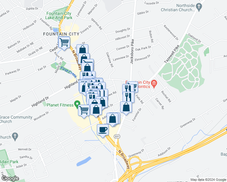 map of restaurants, bars, coffee shops, grocery stores, and more near 200 Crawford Road in Knoxville