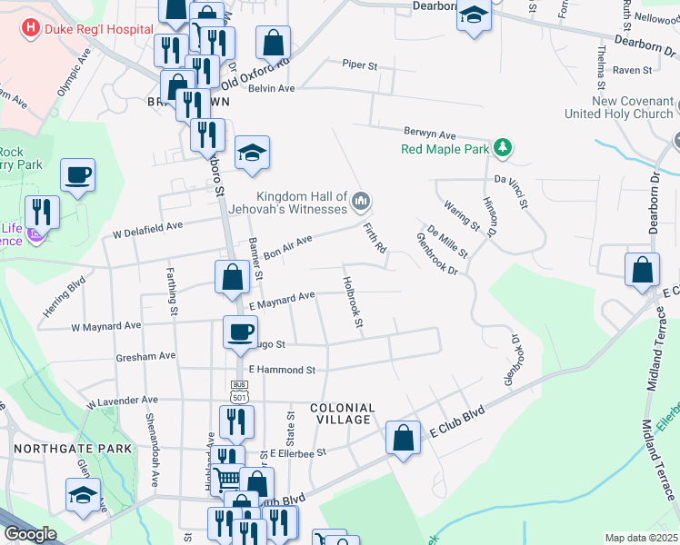 map of restaurants, bars, coffee shops, grocery stores, and more near 2909 Holbrook St in Durham