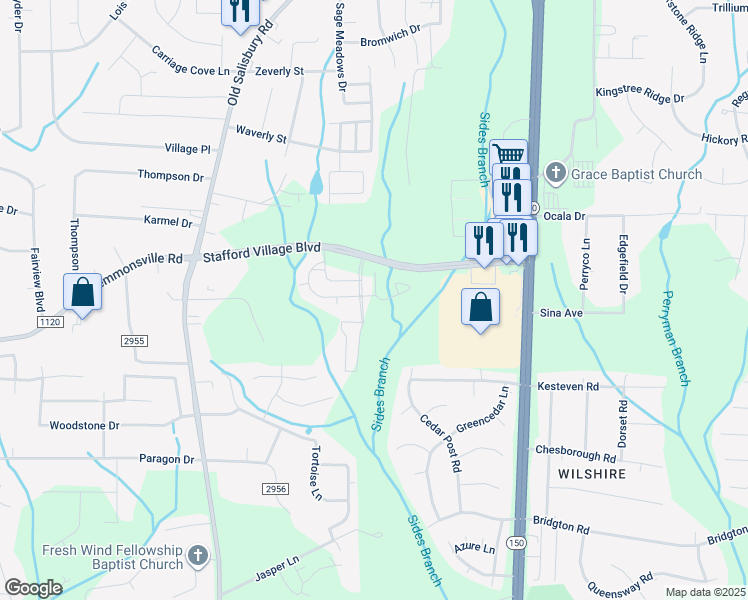 map of restaurants, bars, coffee shops, grocery stores, and more near 957 Stafford Place Circle in Winston-Salem