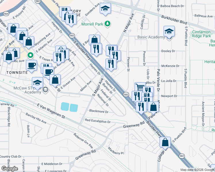 map of restaurants, bars, coffee shops, grocery stores, and more near 541 Burton Street in Henderson