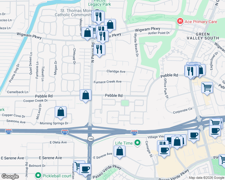 map of restaurants, bars, coffee shops, grocery stores, and more near 5 Red Fawn Court in Henderson