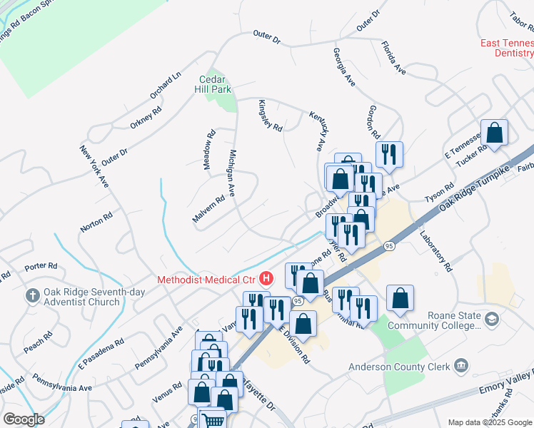 map of restaurants, bars, coffee shops, grocery stores, and more near 109 East Magnolia Lane in Oak Ridge