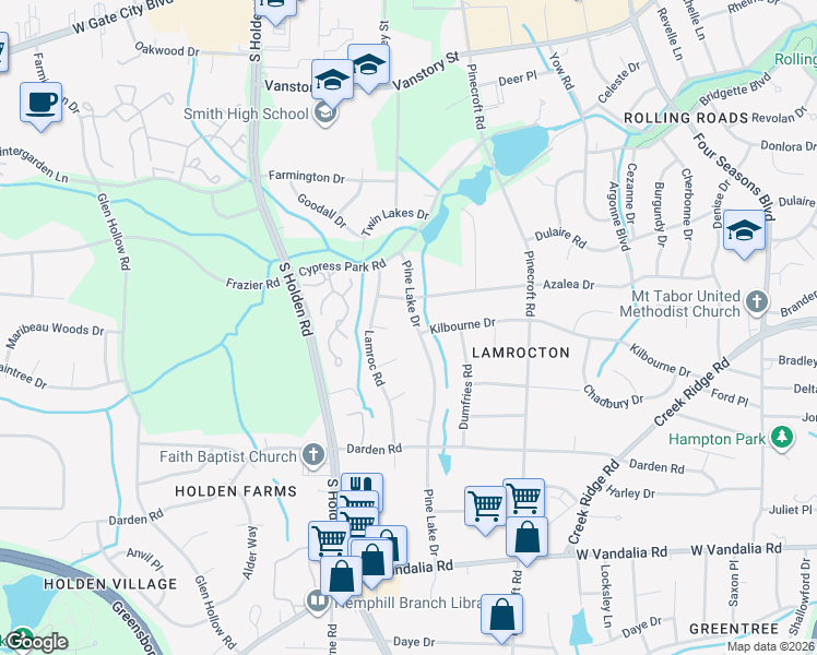 map of restaurants, bars, coffee shops, grocery stores, and more near 2507 Pine Lake Drive in Greensboro