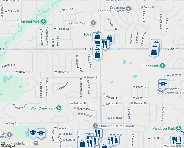 map of restaurants, bars, coffee shops, grocery stores, and more near 2505 East 39th Place in Broken Arrow