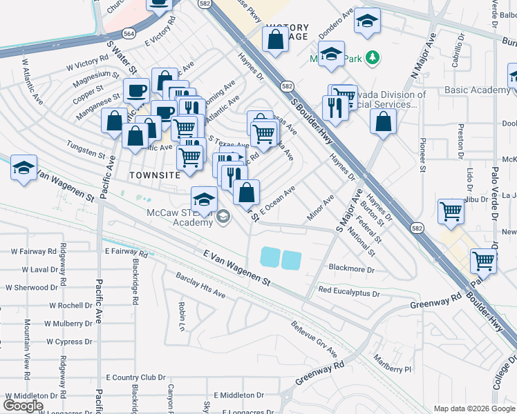 map of restaurants, bars, coffee shops, grocery stores, and more near 333 South Water Street in Henderson