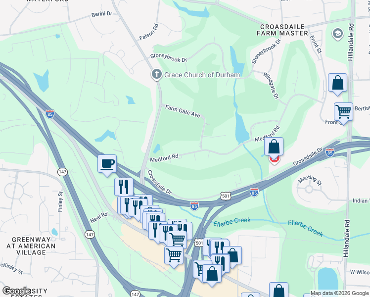 map of restaurants, bars, coffee shops, grocery stores, and more near 3710 Medford Road in Durham