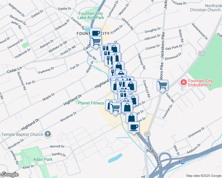 map of restaurants, bars, coffee shops, grocery stores, and more near 2717 Woodrow Drive in Knoxville