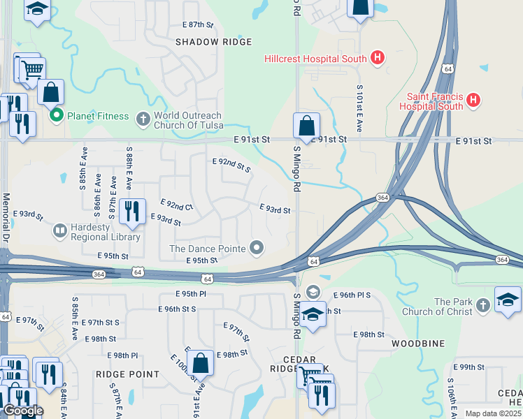 map of restaurants, bars, coffee shops, grocery stores, and more near 9214 East 93rd Place in Tulsa