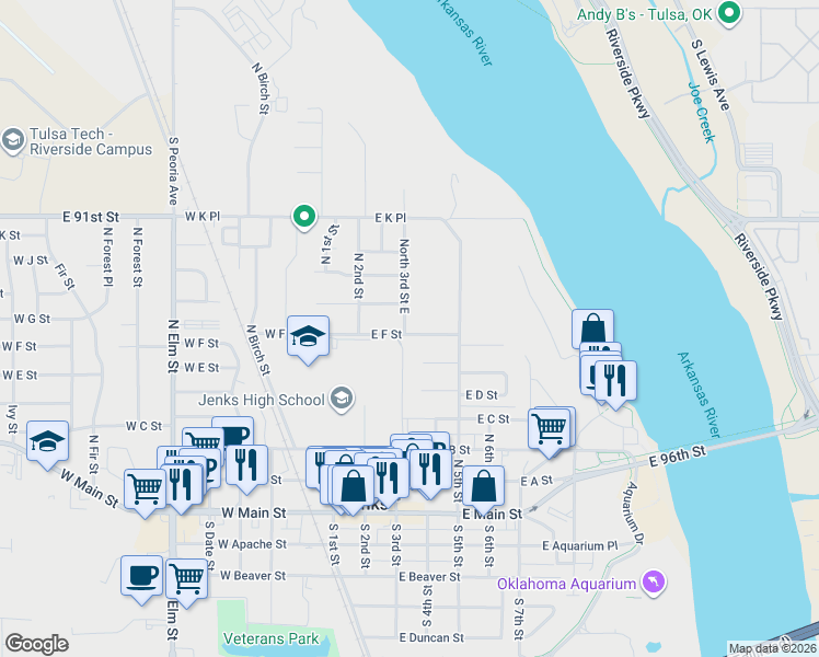 map of restaurants, bars, coffee shops, grocery stores, and more near 211 East F Street in Jenks
