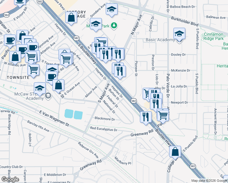 map of restaurants, bars, coffee shops, grocery stores, and more near 541 Burton Street in Henderson