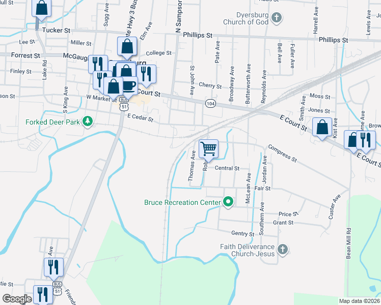 map of restaurants, bars, coffee shops, grocery stores, and more near 523 Thomas Avenue in Dyersburg