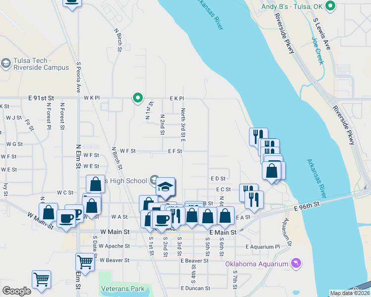 map of restaurants, bars, coffee shops, grocery stores, and more near 211 East F Street in Jenks