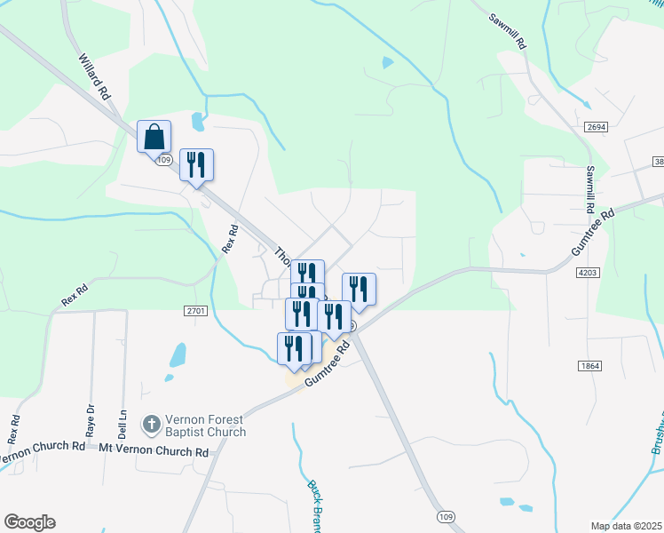 map of restaurants, bars, coffee shops, grocery stores, and more near 4735 Merriweather Road in Winston-Salem