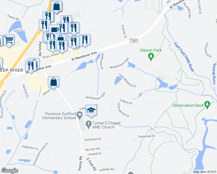 map of restaurants, bars, coffee shops, grocery stores, and more near 4004 Shire Court in Jamestown