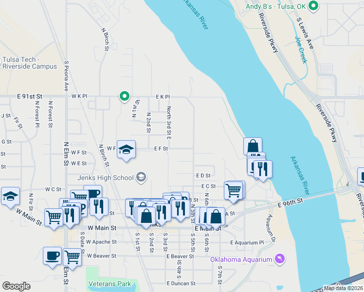 map of restaurants, bars, coffee shops, grocery stores, and more near 419 East F Street in Jenks