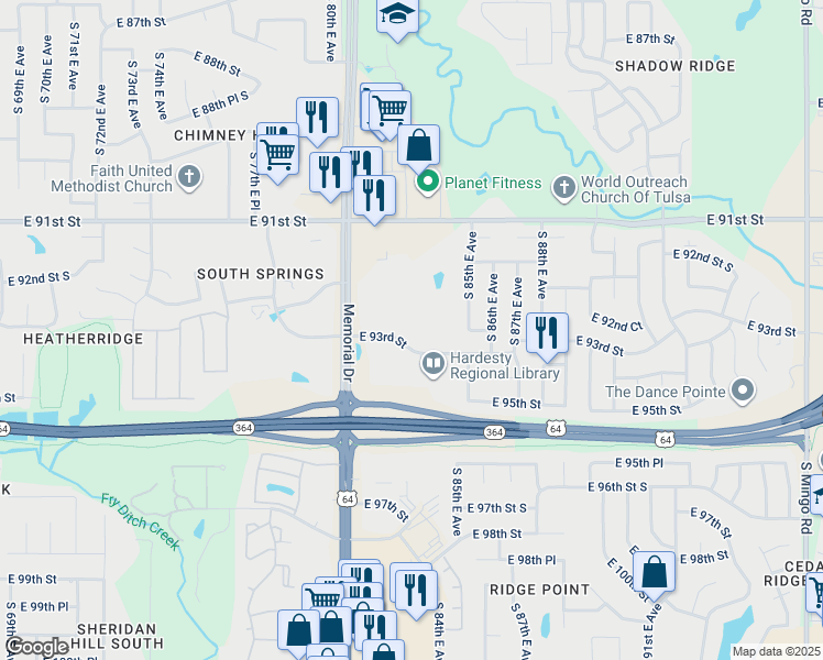 map of restaurants, bars, coffee shops, grocery stores, and more near 8101 East 93rd Street in Tulsa