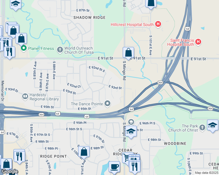 map of restaurants, bars, coffee shops, grocery stores, and more near 9214 East 93rd Place in Tulsa