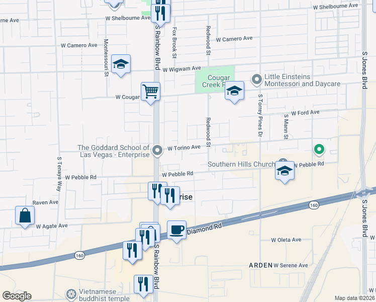 map of restaurants, bars, coffee shops, grocery stores, and more near 6815 West Torino Avenue in Las Vegas