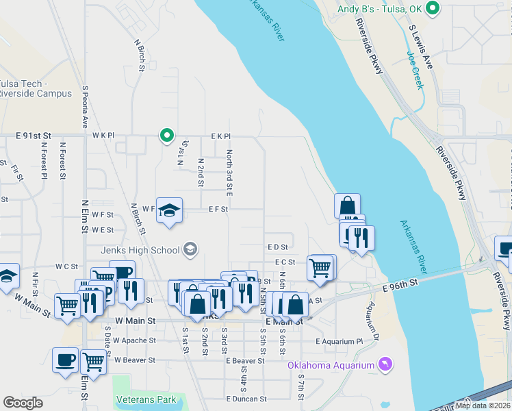 map of restaurants, bars, coffee shops, grocery stores, and more near 419 East F Street in Jenks