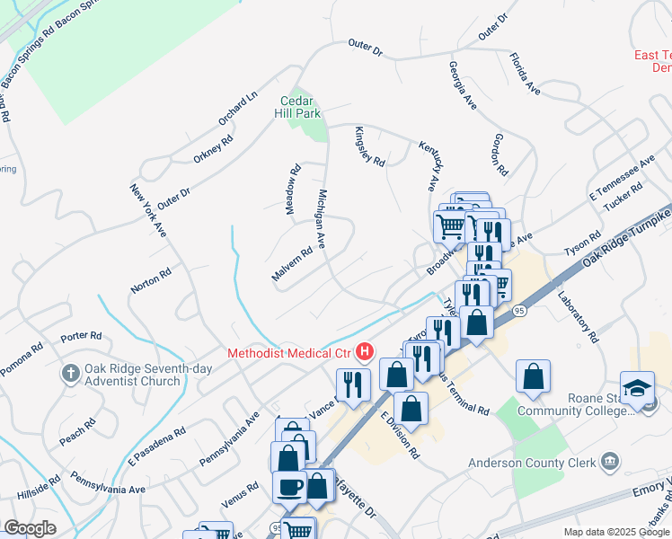 map of restaurants, bars, coffee shops, grocery stores, and more near 101 East Maiden Lane in Oak Ridge