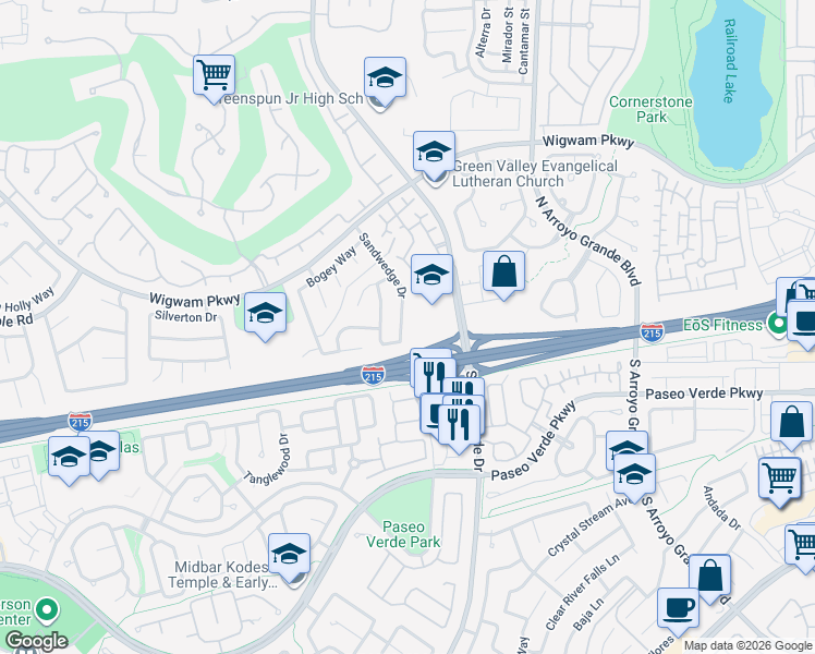 map of restaurants, bars, coffee shops, grocery stores, and more near 8 Sandwedge Drive in Henderson