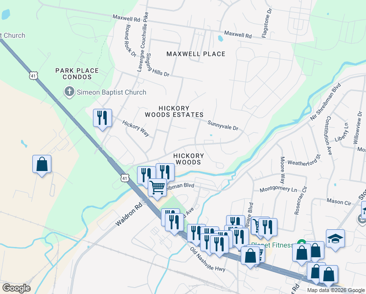 map of restaurants, bars, coffee shops, grocery stores, and more near Hickory Woods Drive in Nashville