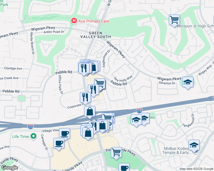 map of restaurants, bars, coffee shops, grocery stores, and more near 2162 Fountain Springs Drive in Henderson