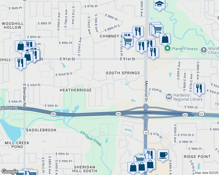 map of restaurants, bars, coffee shops, grocery stores, and more near 9309 South 75th East Avenue in Tulsa