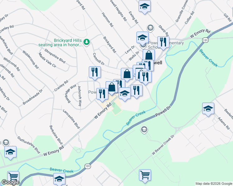 map of restaurants, bars, coffee shops, grocery stores, and more near 2157 West Emory Road in Powell
