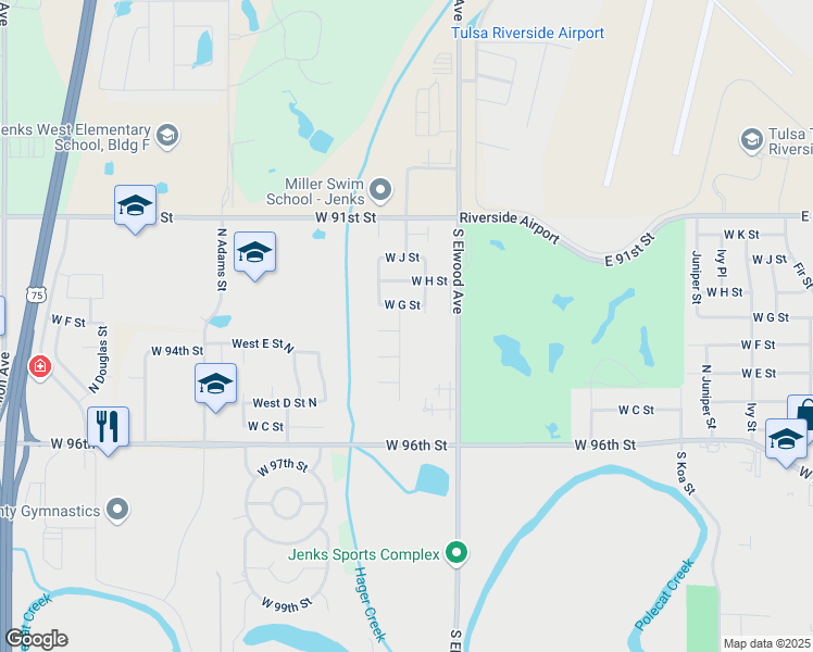 map of restaurants, bars, coffee shops, grocery stores, and more near 708 North Redbud Street in Jenks