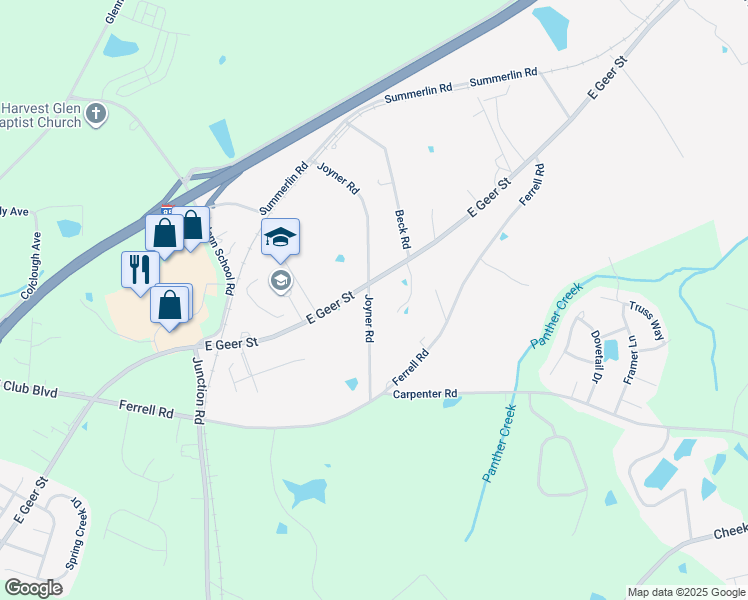 map of restaurants, bars, coffee shops, grocery stores, and more near 2612 Joyner Road in Durham