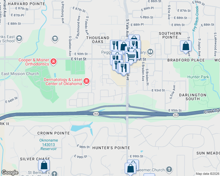map of restaurants, bars, coffee shops, grocery stores, and more near 4627 East 93rd Place South in Tulsa
