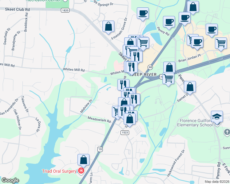 map of restaurants, bars, coffee shops, grocery stores, and more near 3519 Ramsay St in High Point