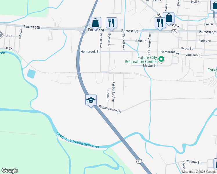 map of restaurants, bars, coffee shops, grocery stores, and more near 1634 Drew St in Dyersburg