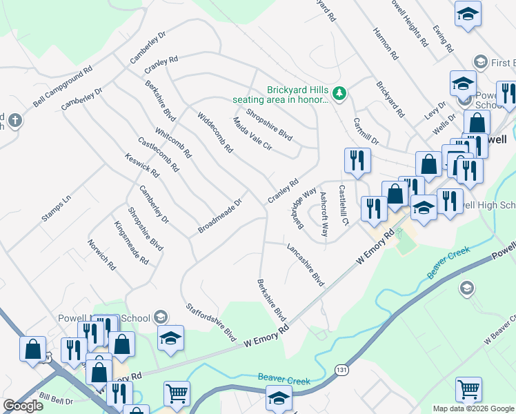map of restaurants, bars, coffee shops, grocery stores, and more near 7621 Berkshire Boulevard in Powell