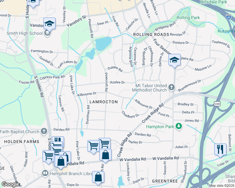 map of restaurants, bars, coffee shops, grocery stores, and more near 1 Weddington Court in Greensboro