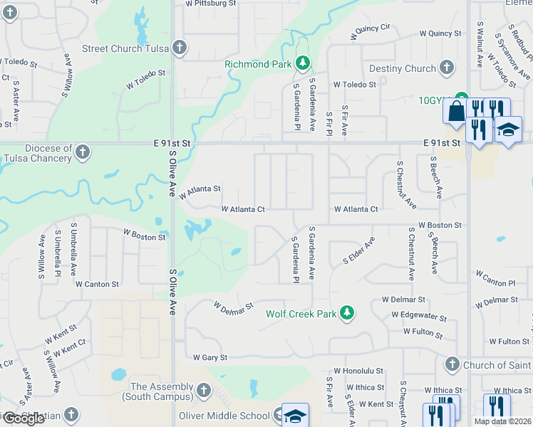 map of restaurants, bars, coffee shops, grocery stores, and more near 3001 West Atlanta Court in Broken Arrow